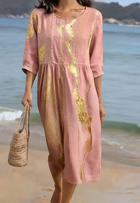 Women's Casual Round Neck Mid Sleeve Print Cotton And Linen Dress
