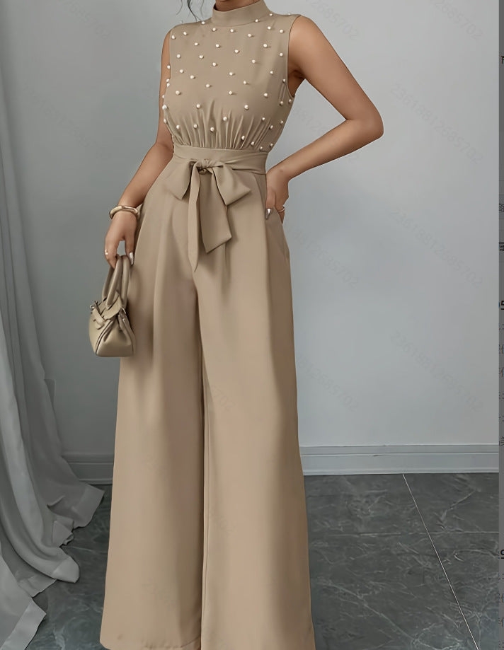 Black Polka Dot Sleeveless Wide-leg Jumpsuit With Round Neck
