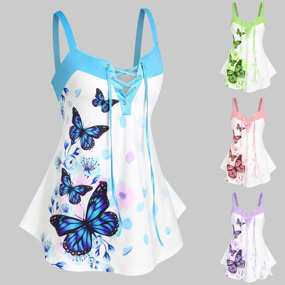 Loose Hem Printed V-neck Strappy Halter Top