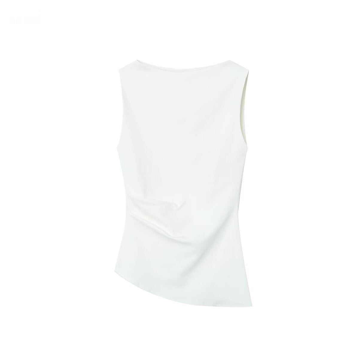 Women's Multi-color Pleated Asymmetric Boat Neck Sleeveless T-shirt
