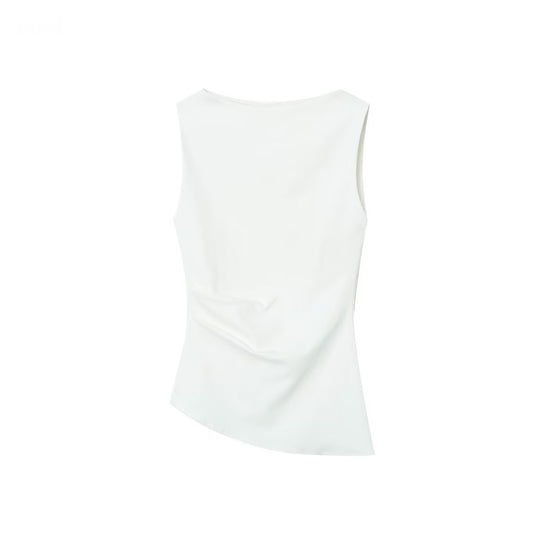Women's Multi-color Pleated Asymmetric Boat Neck Sleeveless T-shirt