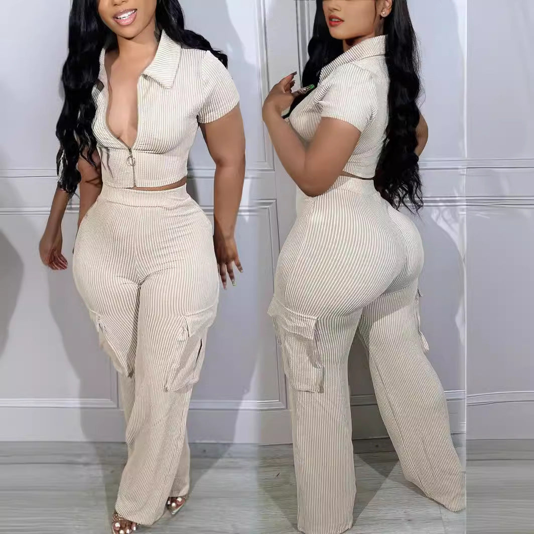 Zip-up Top With Multiple Pockets And Long Pants Casual Solid-color Two-piece Set