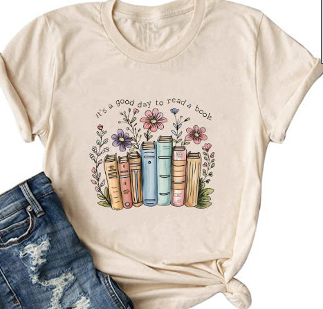 Bog Blomstret Trykt Farvet Bomulds T-shirt
