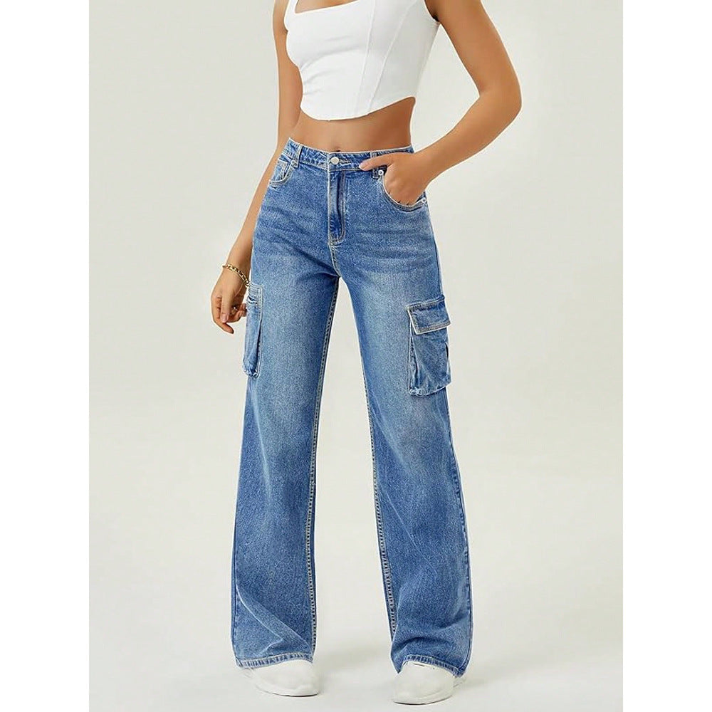 Stilfulde, unikke denimjeans med lige ben med klap og overdimensionerede lommer