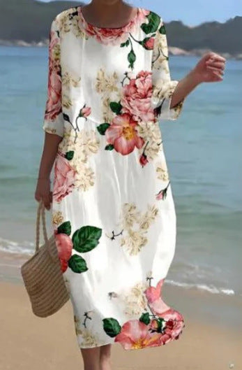 Womens Long Casual Printed Dress With A Crew Neck