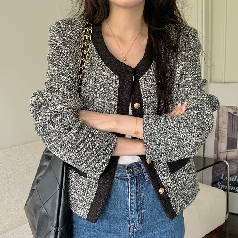 Vintage Round Neck Contrast Bonded Metal Single Breasted Coat