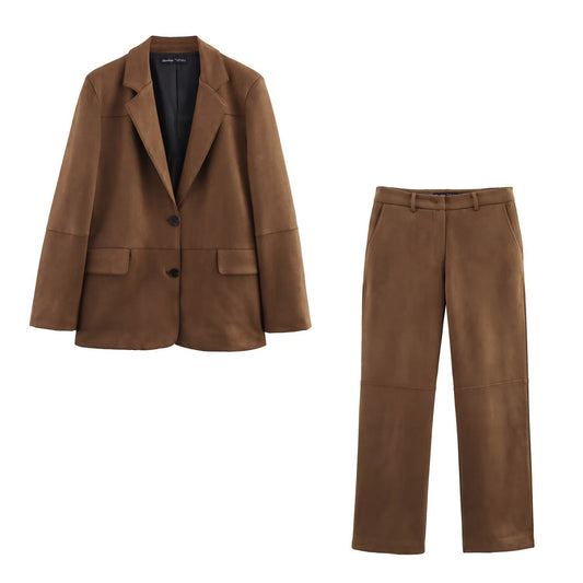 European And American Style Suede Blazer Straight-leg Pants Suit Female B482241