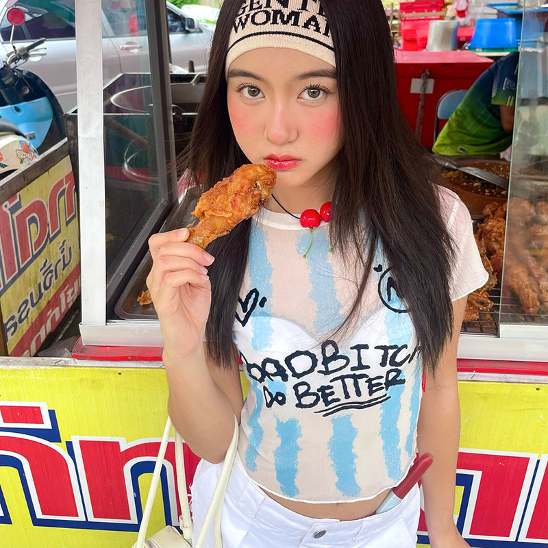 Striped Letters Printed Cropped Top