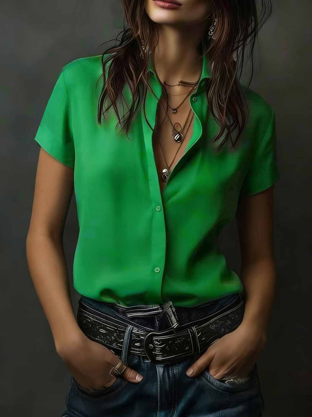Casual Short-Sleeve Button-Up Womens Shirt