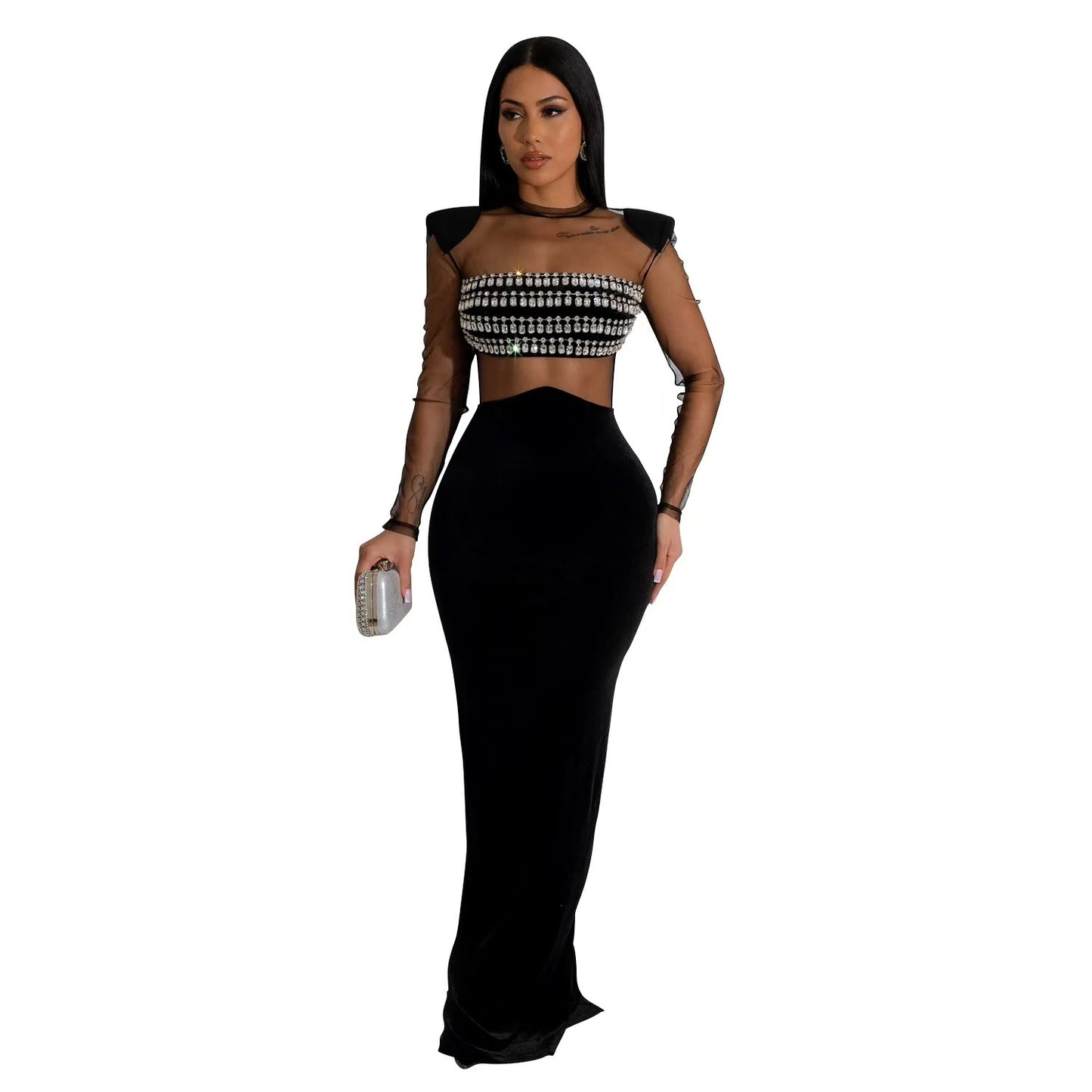 Hot-stone-embellished Solid-color Sheer Long-sleeve Dress