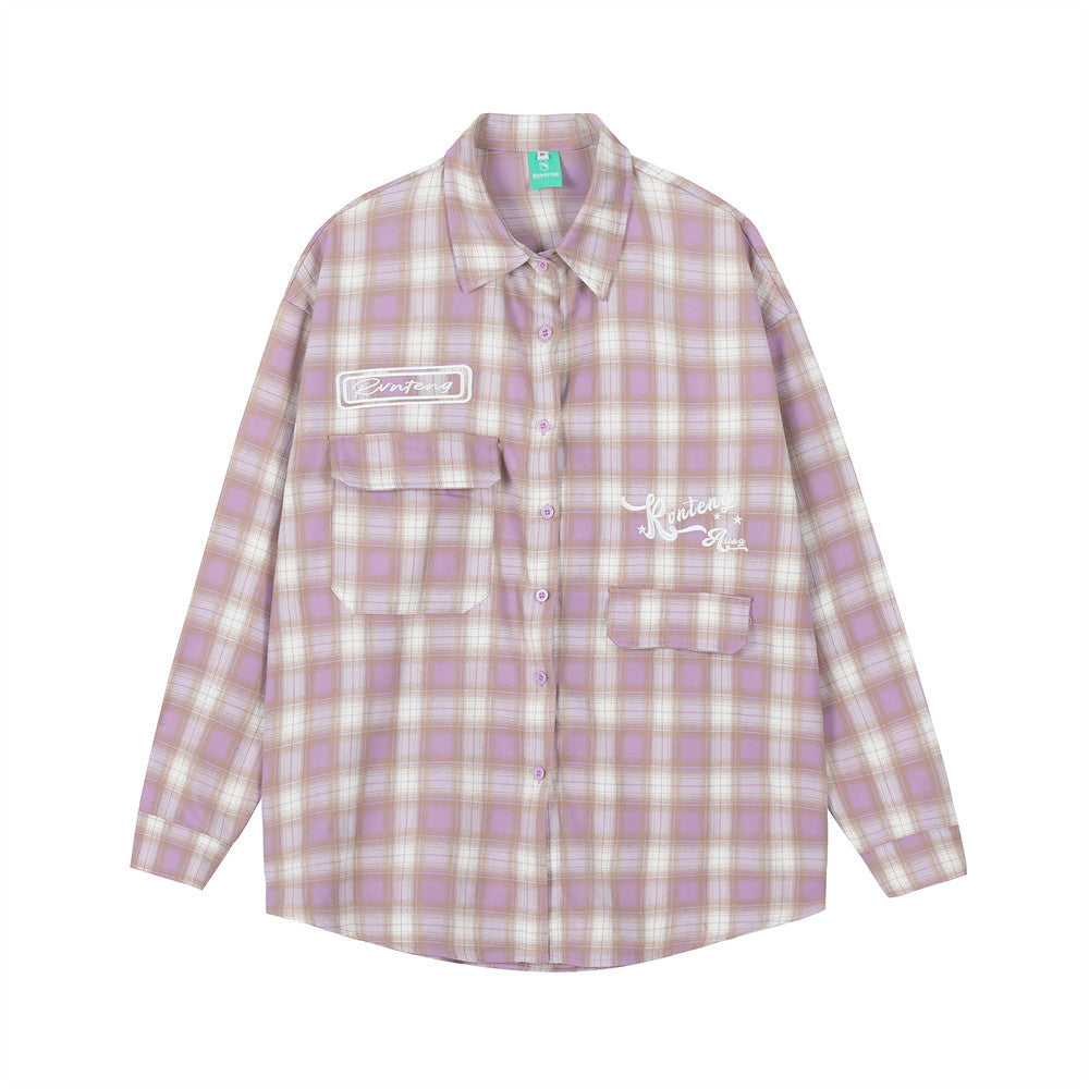 Spring And Autumn Plaid Letters Embroidered Shirt Coat