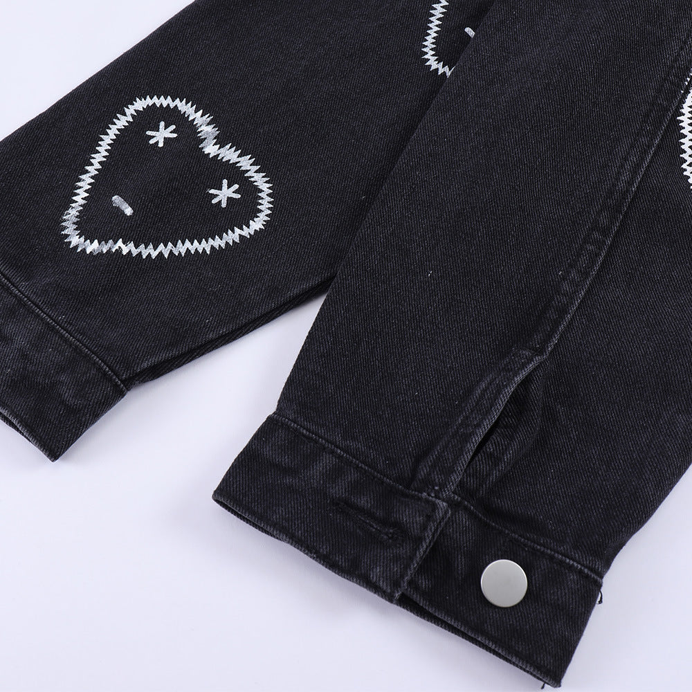 Love Full Printed Denim Clothing Loose Dimensional Patch Pocket Turn-down Collar Coat