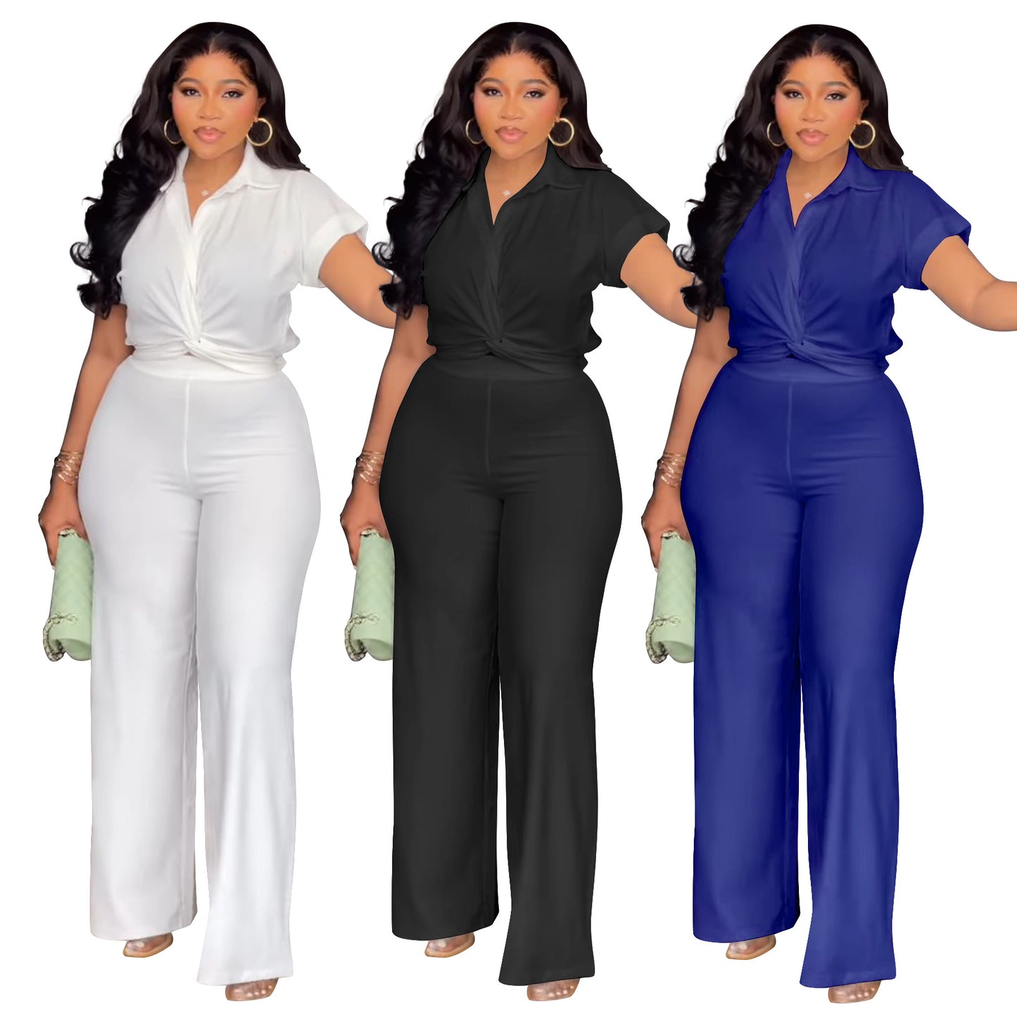 Plus-size Womens Solid-color Short-sleeve Shirt And High-waist Casual Pants Two-piece Set