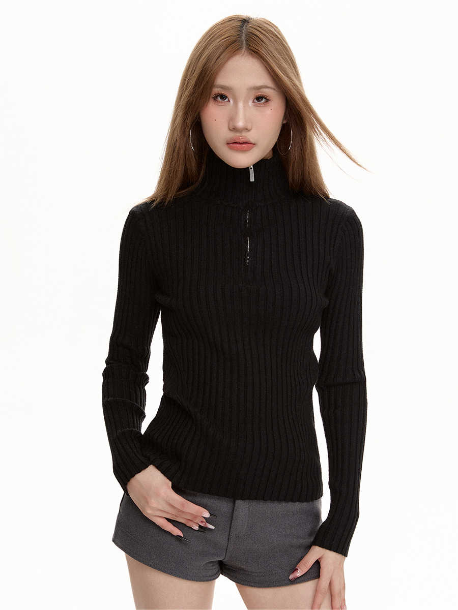 Black Long Sleeve Turtleneck Sweater Zipper Thickening Bottoming Shirt