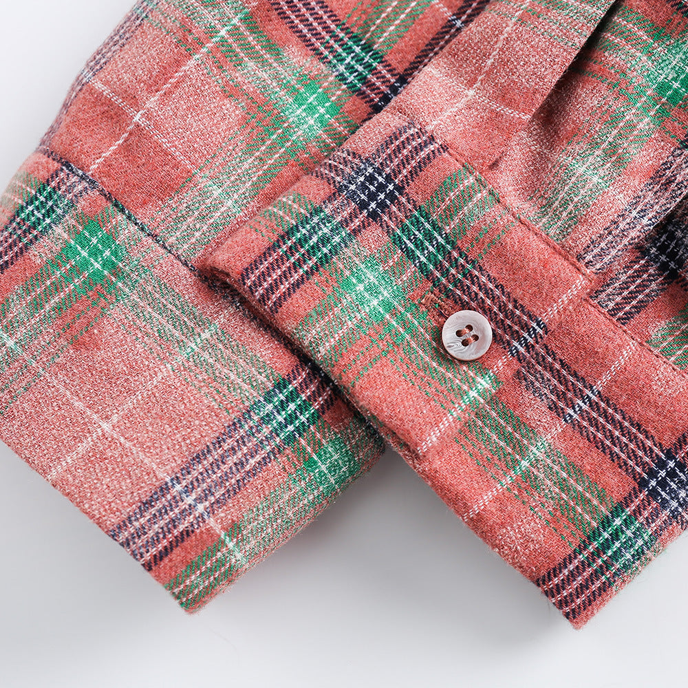 European And American Style Cuban Collar Long Sleeve Plaid Shirt For Men