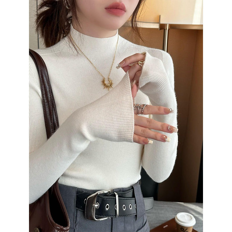 Inner High-grade Gray Mock Neck Sweater Mid-collar Knitted Top