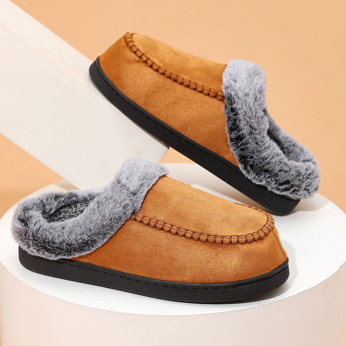 Men's Faded-Edge Mark Shoes WarmIndoor-Outdoor Fleece-LinedNon-Slip Thickened Cotton Slippers