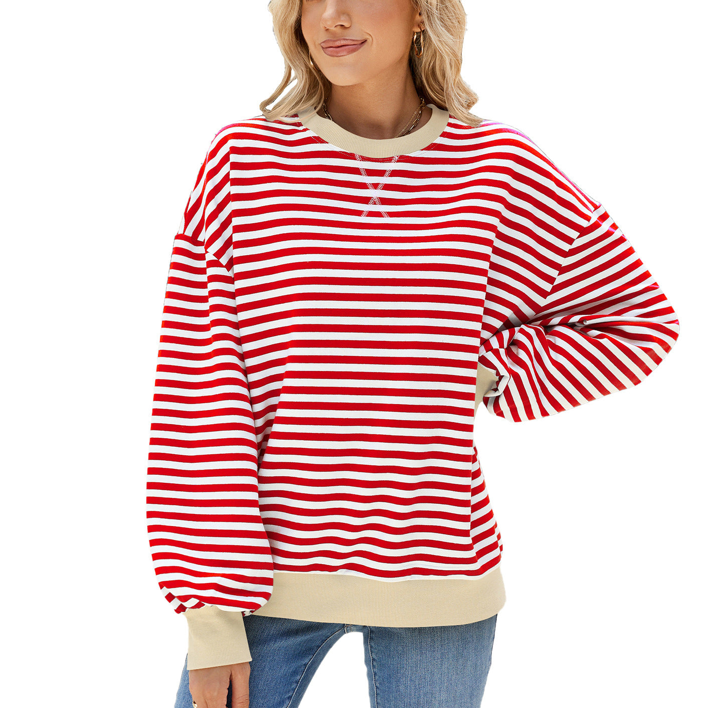 Kvinder Stribet Rund Hals Kontrastfarve Løs Langærmet Sweatshirt