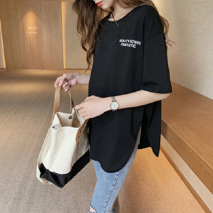 White Split T-shirt Female Plus Size Mid-length Sleeve Mid-length