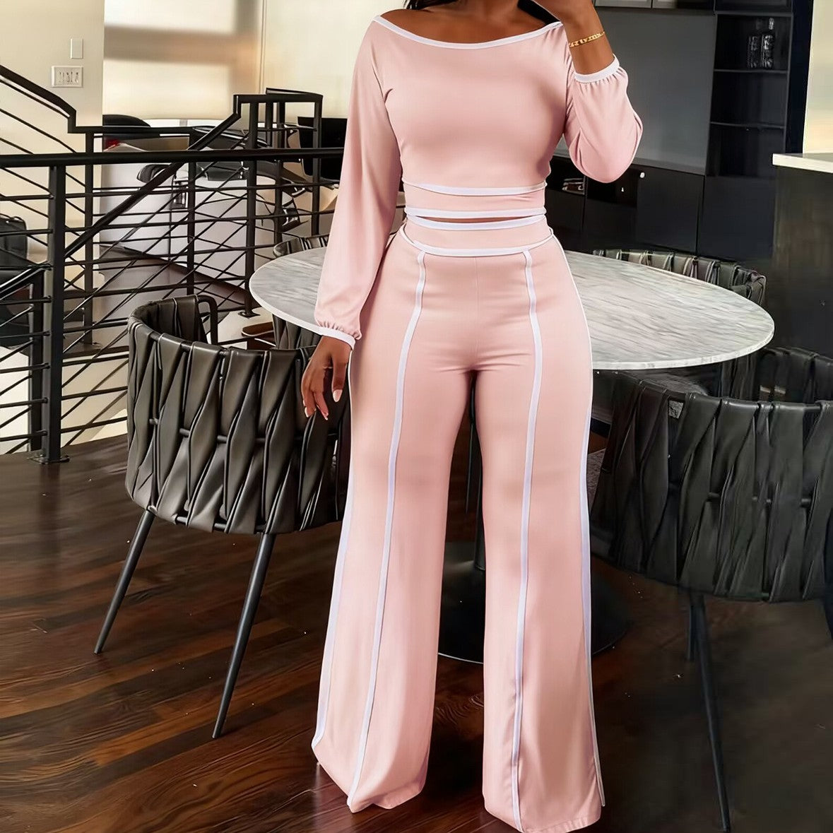 Stylish Wide-leg Solid-color Patchwork Two-piece Set