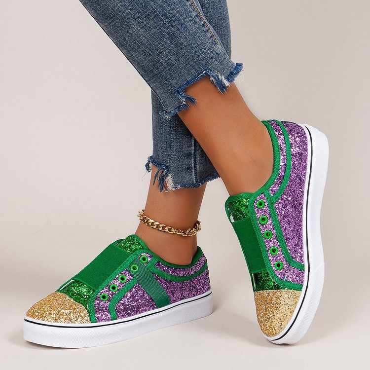Cross-border Large Size Casual Flat Heel Low-top Color Matching Round Head Sequins Canvas Shoes