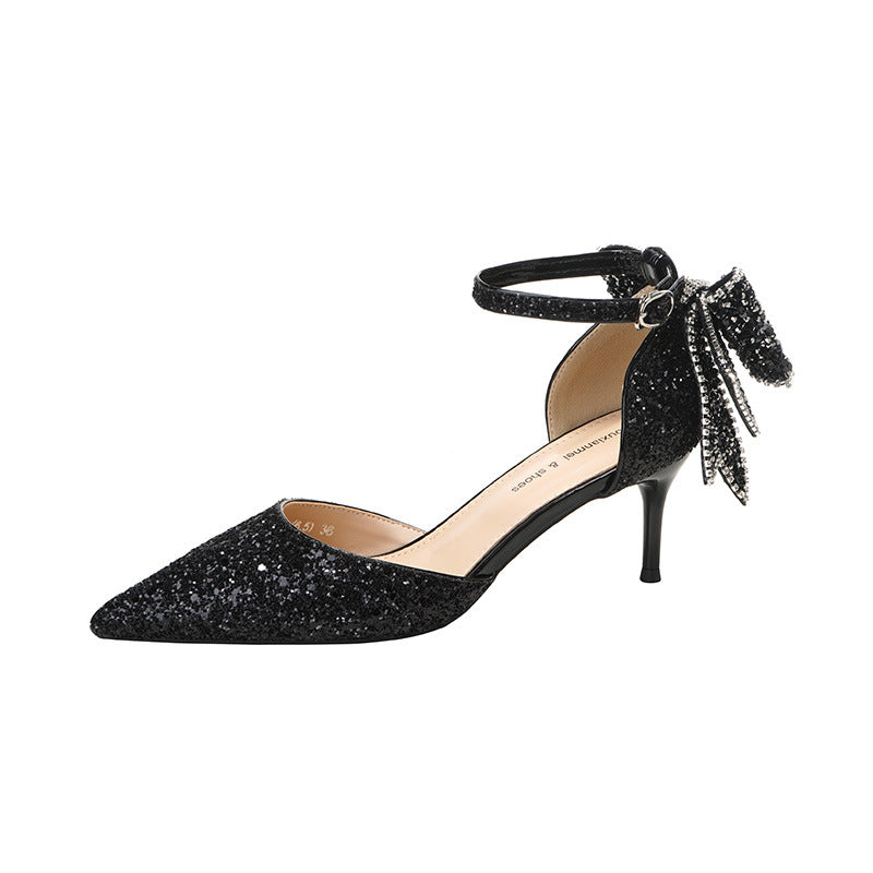 European And American Adult Banquet Sequined Bow Elegant Lady Fairy Buckle Closed Toe Women's High Heels
