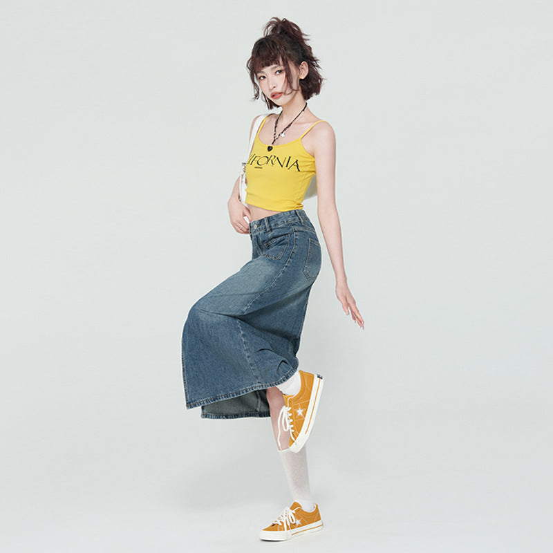 New High Waist Front Patch Pocket Denim Women's Bag Hip Skirt