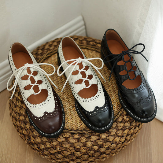 Single Shoes Womens Color Matching Carved Patent Leather Lace-up Loafers French Retro