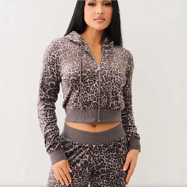 New Street Sexy Hot Girl Exposed Navel Leopard Print Hoodie
