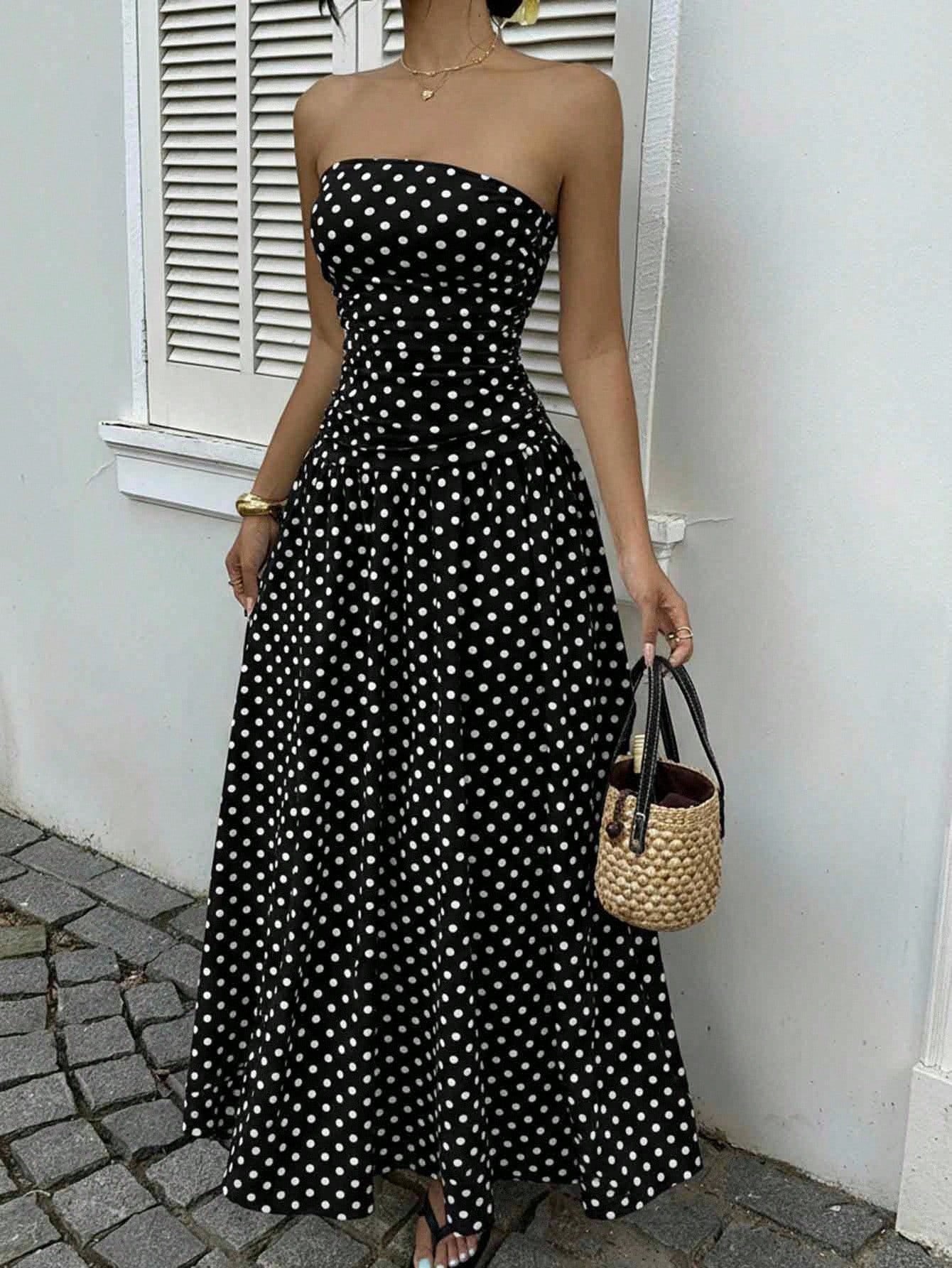 Elegante Prikkede Off-shoulder Kjoler Ensfarvede Stropløse Dame Højtaljede Robe Pendlerfest Forretning Strand Ferie Outfit