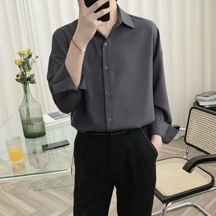 White Shirt Men's Desire-free Lace-up Long Sleeve Casual Large Size