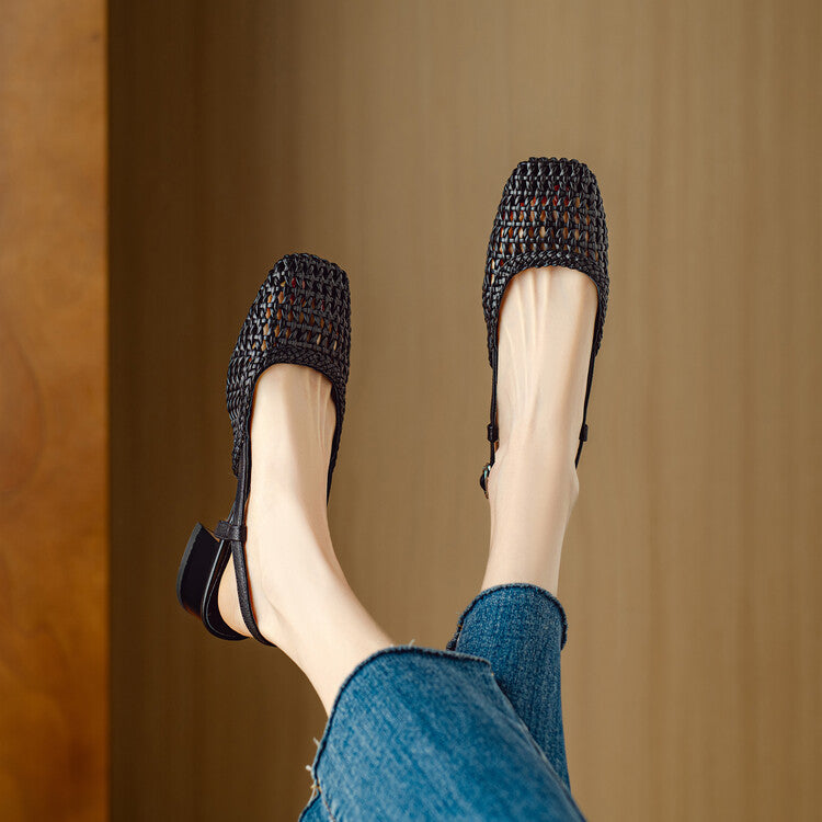 Woven Hollow-out Closed Toe Sandals Women's Chunky Heel Shoes