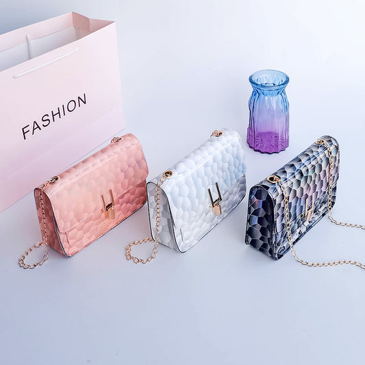 Geometric Symphony Laser Iridescent Lock One Shoulder Crossbody Bag