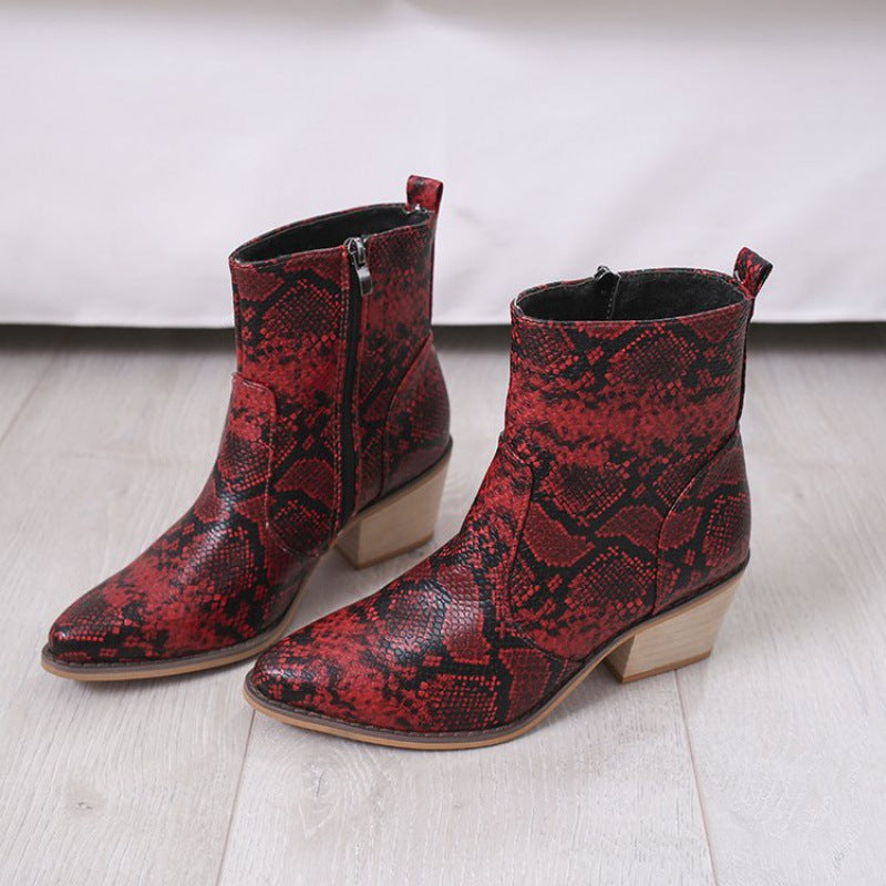 Snake Print Square Toe Thick Heel Sexy Short Boots With Side Zipper