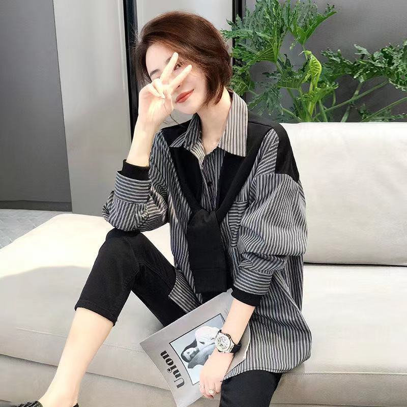 Women's All-match Loose Black And Gray Striped Top Shirt