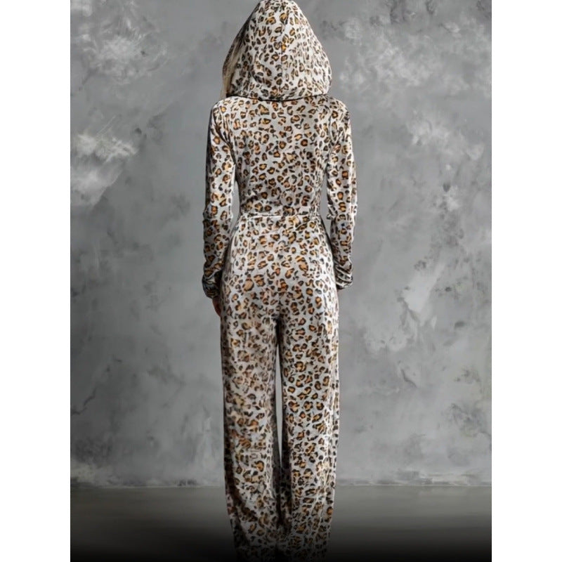 Velvet Look Leopard Print Loose Fitting Wide Leg Jumpsuit With A Hood