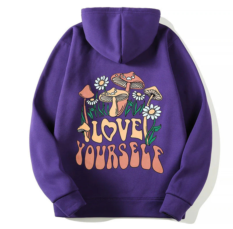 Drop-shoulder Sleeve Letters LOVE YOURSELF Hooded Fleece Sweatshirt