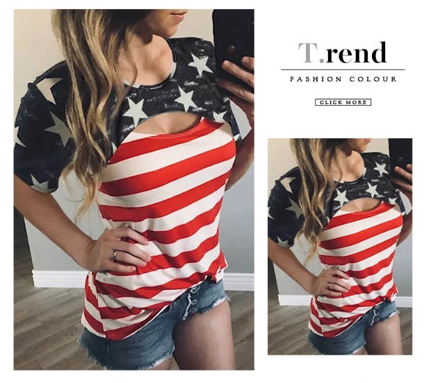 Printed Hollow Striped T-shirt Women's Simple All-match Round Neck Contrast Color Top