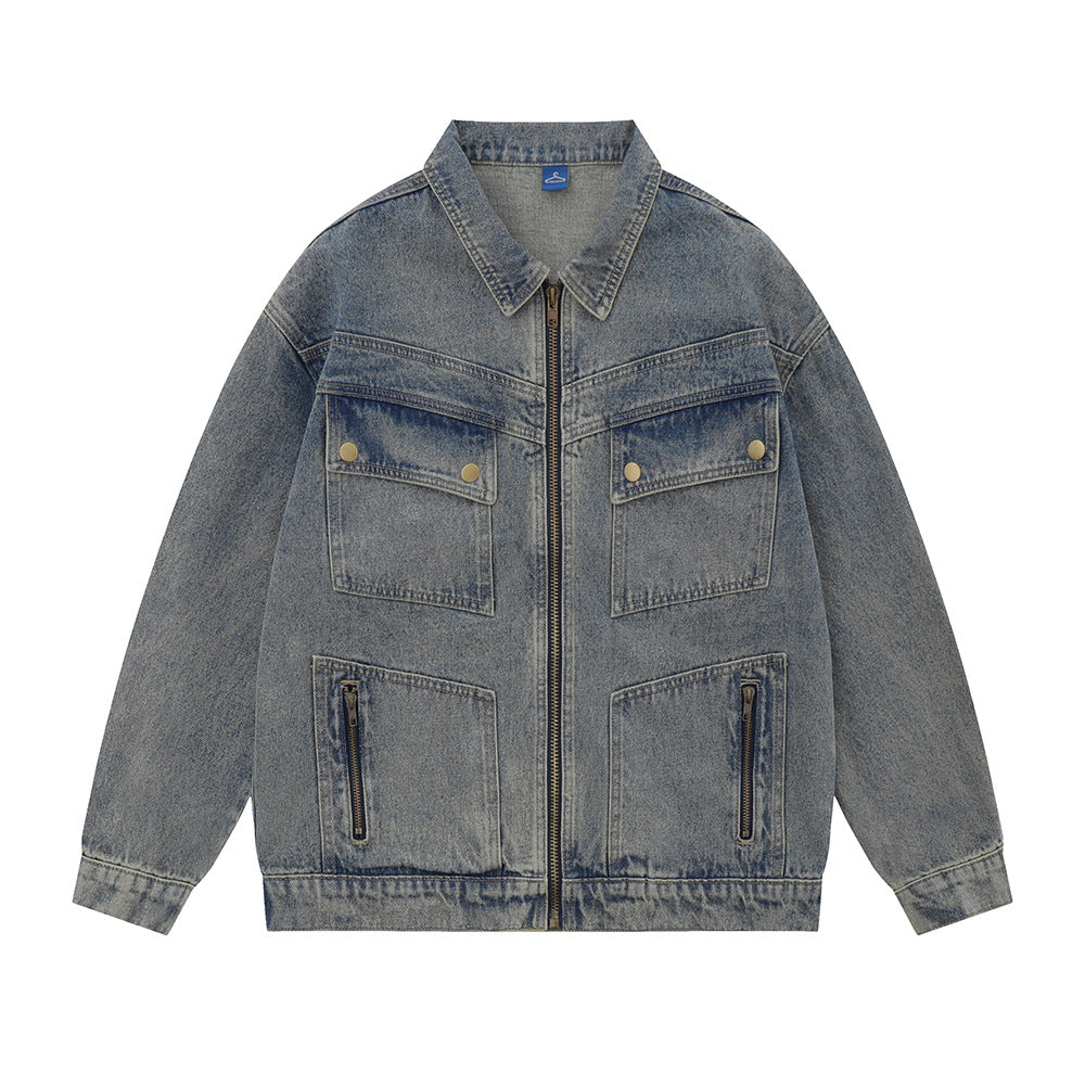 Retro Workwear Pocket Zipper Denim Clothes Jacket Spring And Autumn