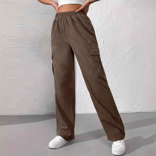 Women's Loose Elastic Waist Overalls Corduroy Wide Leg Straight Casual Trousers
