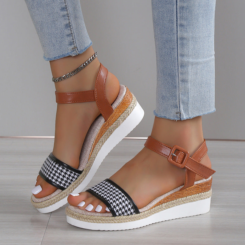 Houndstooth-mønstrede sandaler til kvinder med spænde, sommer, festsko