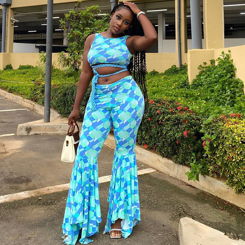 Sleeveless Pantsuit Loose-fitting With Drawstrings Midriff-baring Two-piece