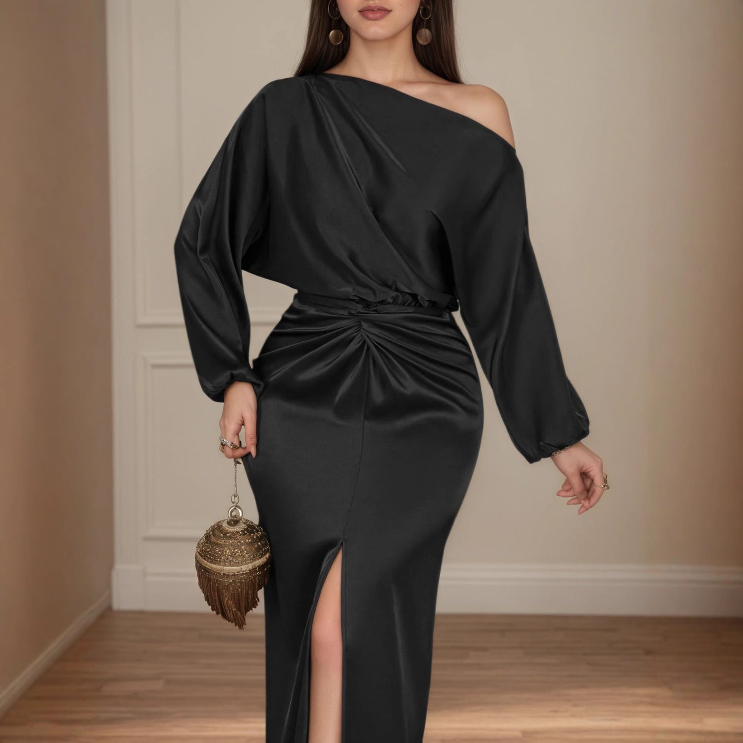 Womens Solid-Color Off-the-Shoulder Twist-Waist Long-Sleeve Dress