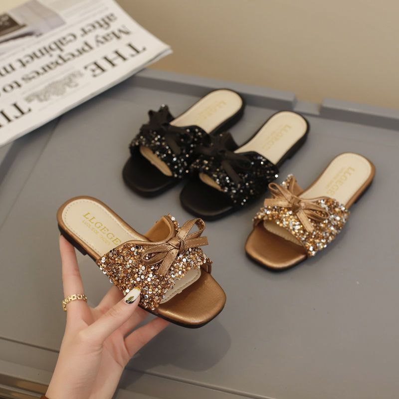 Girls Sequin Slippers Fashion Bow Flip Flops