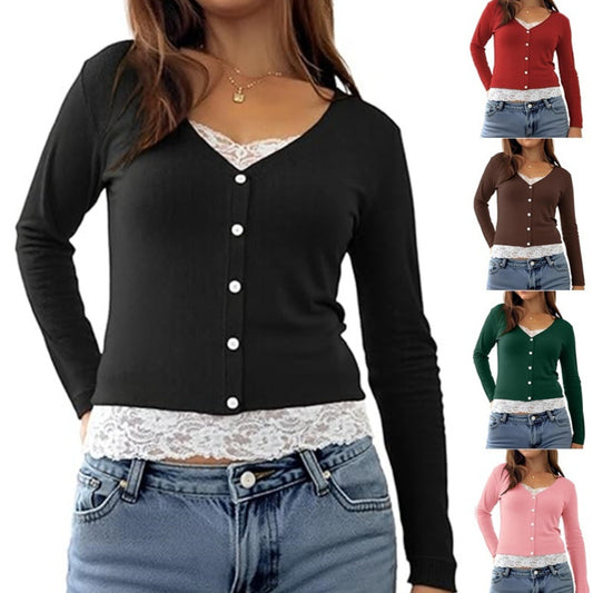 Stylish Versatile Long-Sleeve Lace-Panel Fake Two-Piece Top For Women