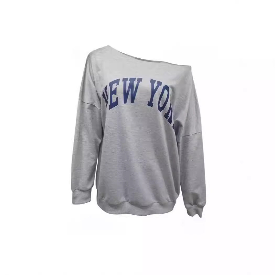 Women's Simple Letter Print Off-shoulder Long Sleeve Sweater