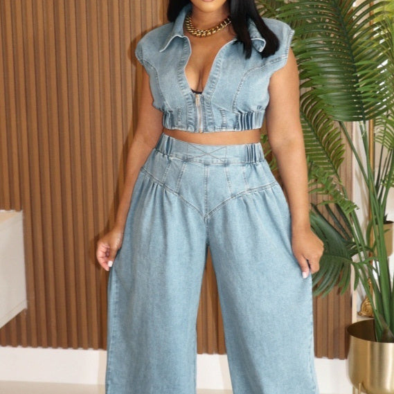 Women's Jeans Suit Sexy Sleeveless Two-piece Suit