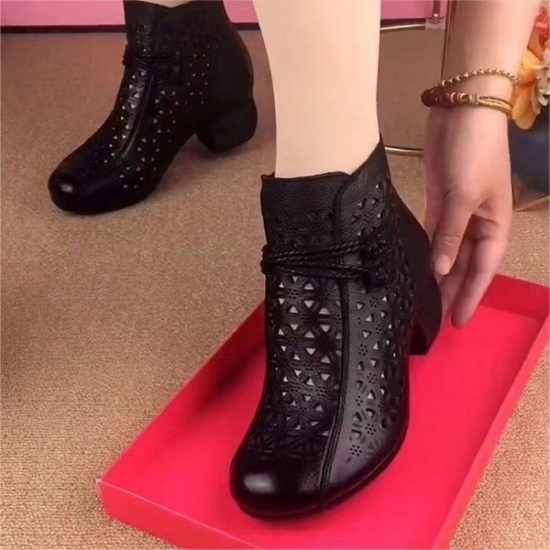 Leather Mid-heel Comfortable Retro Closed Toe Chunky Heel Hollow Sandals