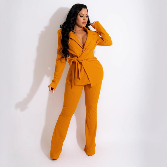European And American Women's Stand Solid Color Fashion V-neck Two-piece Suit