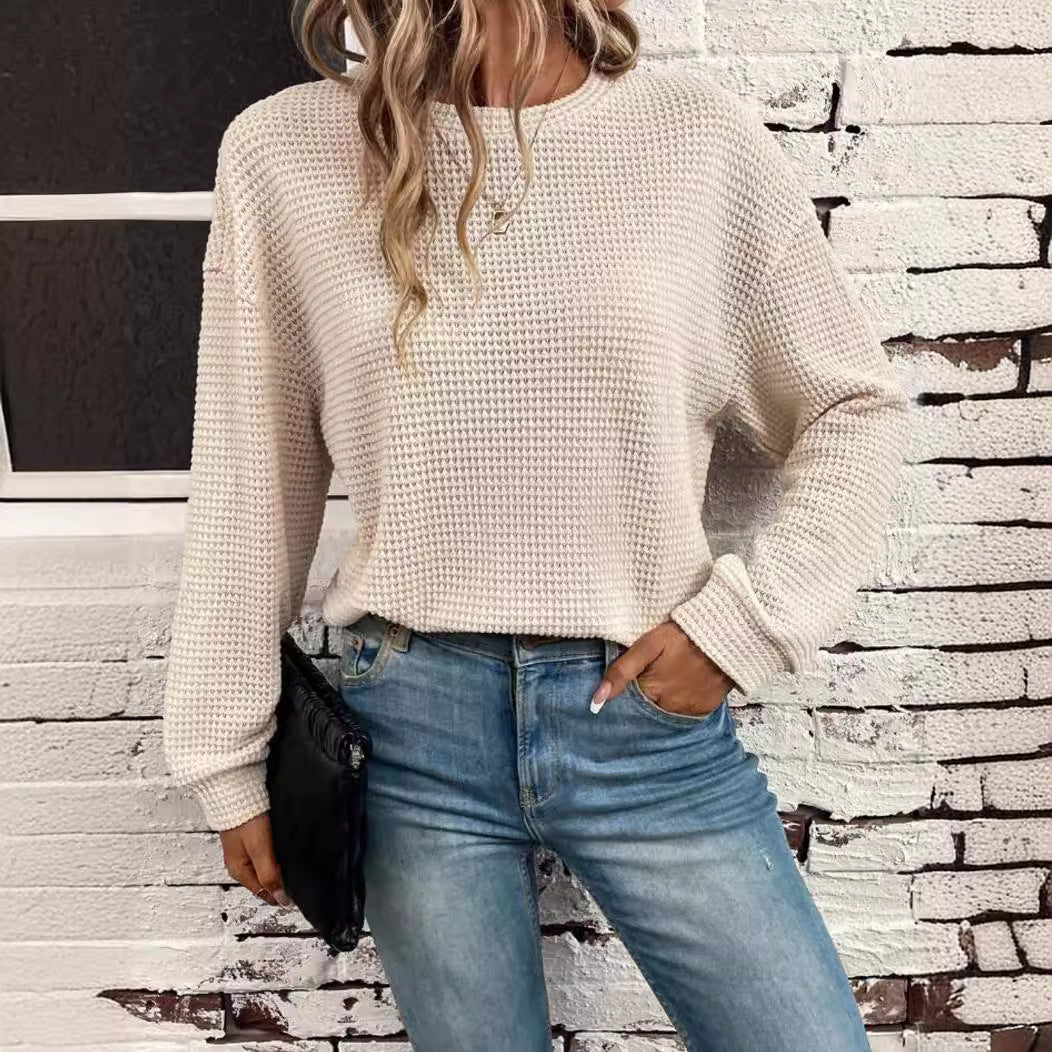 Dame Strikket Rundhals Langærmet Løs Pullover Top